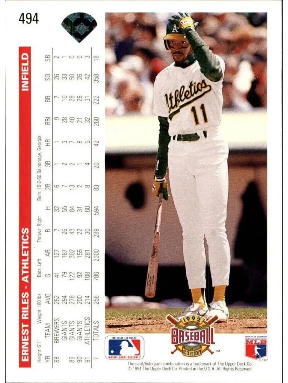 Ernest Riles 1992 Upper Deck MLB #494 Baseball Card Oakland Athletics
